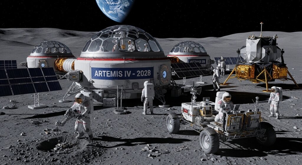 Astronauts conducting lunar exploration near Artemis IV 2028 base with Earth visible in the background.