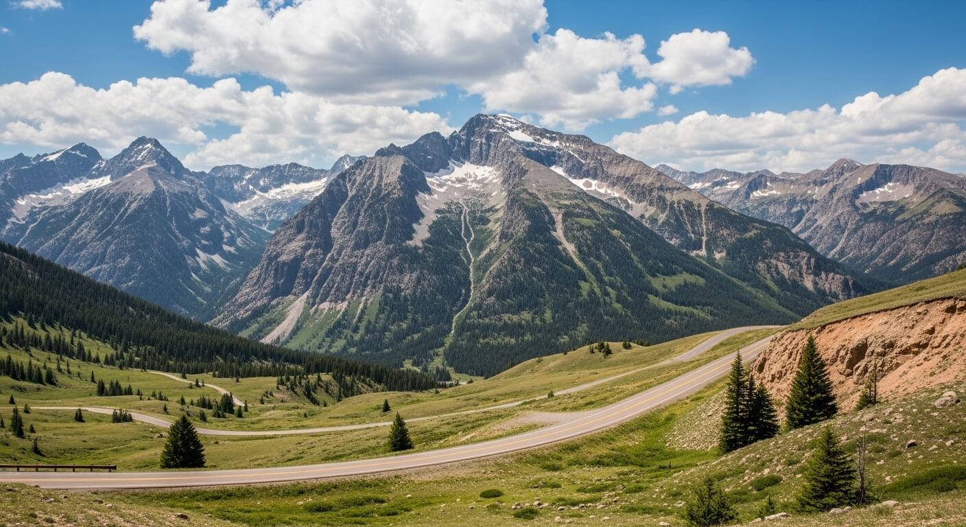 Winding mountain road through green hills with snow-capped peaks under a partly cloudy sky