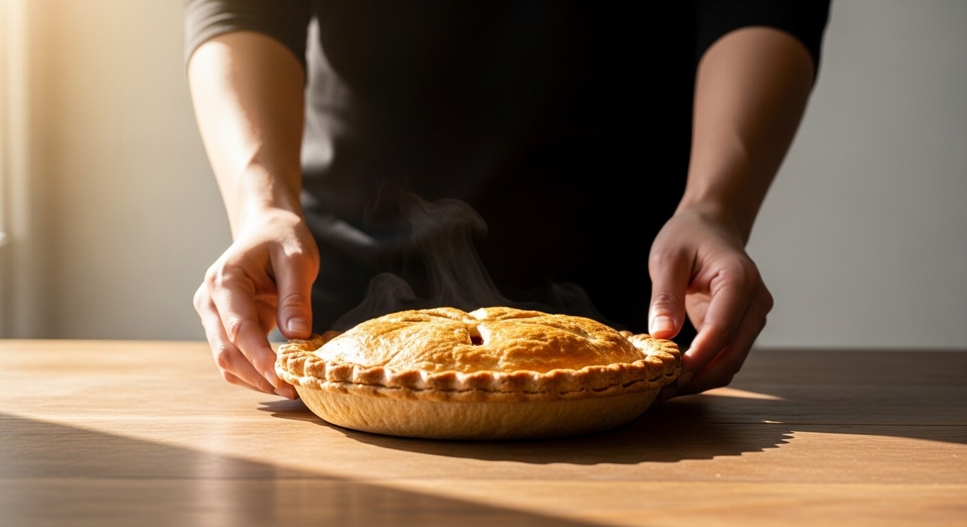 Person holding a freshly baked steaming pie on a wooden table with sunlight streaming in