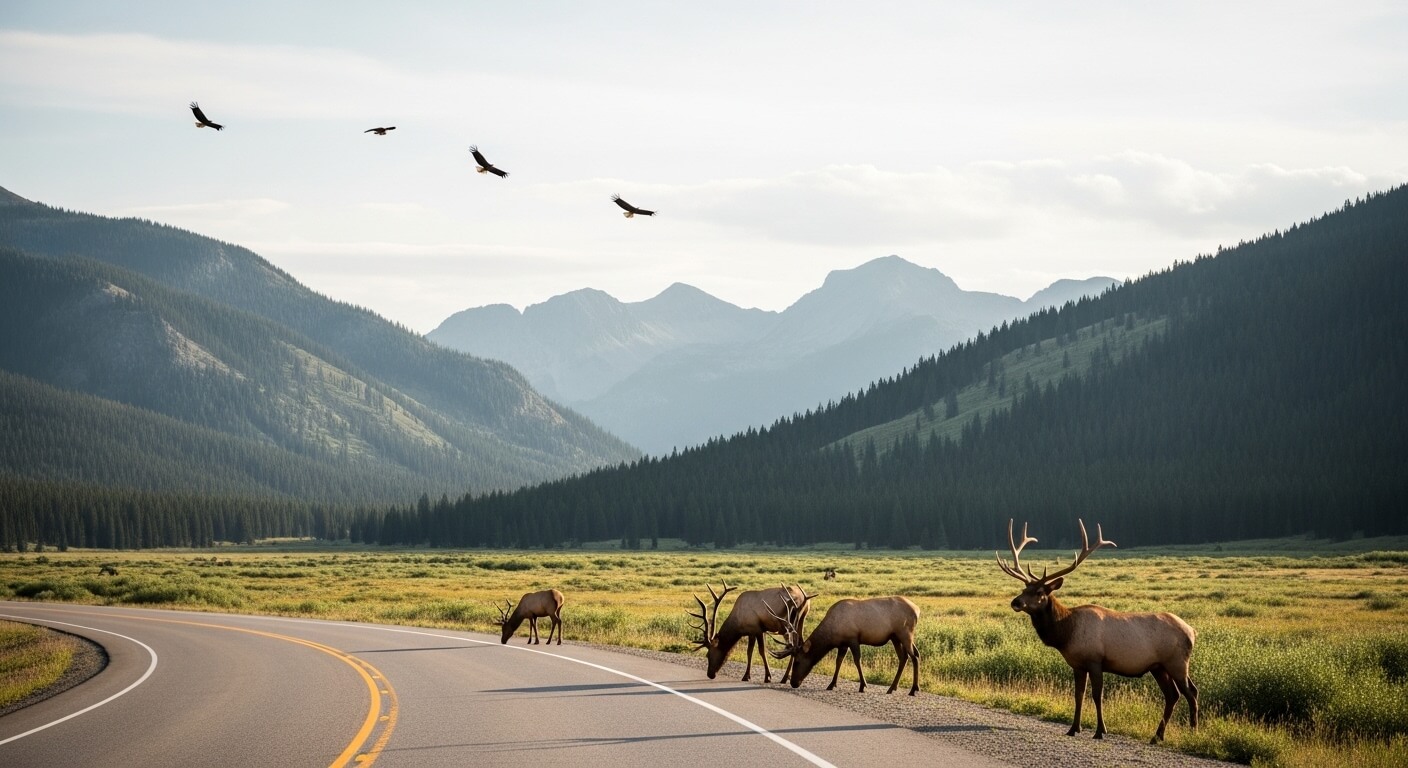Four elk grazing by a curved road with mountains and four soaring birds in the background