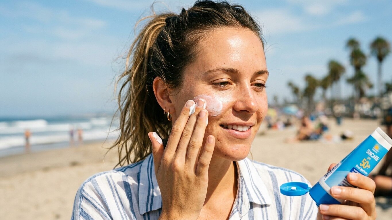 Woman applying SPF 50+ sunscreen lotion on her face at a sunny beach with palm trees in the background