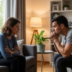 Man and woman sitting on opposite couches facing each other, appearing to have a serious conversation in a living room.