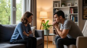 Man and woman sitting on opposite couches facing each other, appearing to have a serious conversation in a living room.
