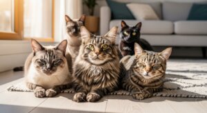 Five cats of various breeds lounging on a rug in a sunlit living room.