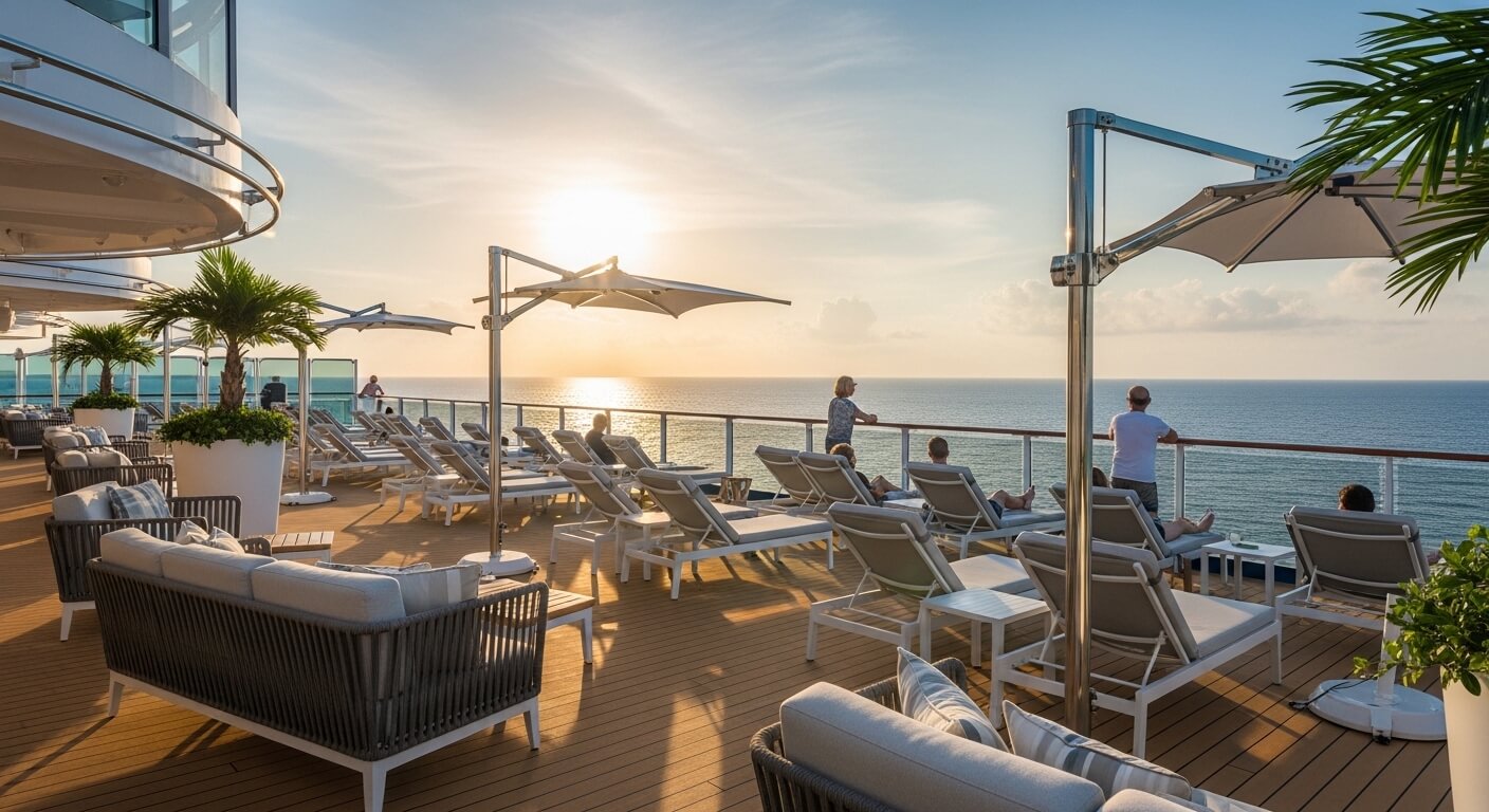 People relaxing on lounge chairs on a cruise ship deck at sunset overlooking the ocean