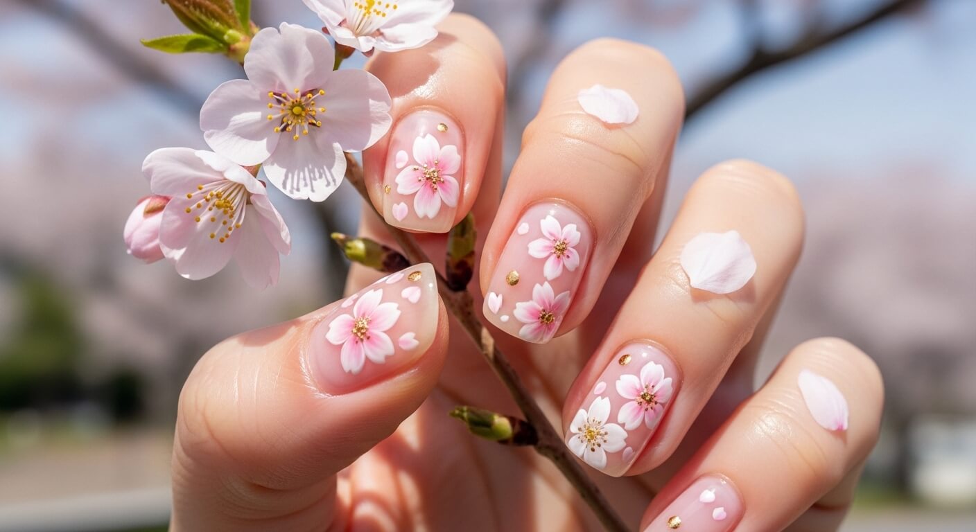 Hand with pink cherry blossom nail art holding a cherry blossom branch with petals on fingers.