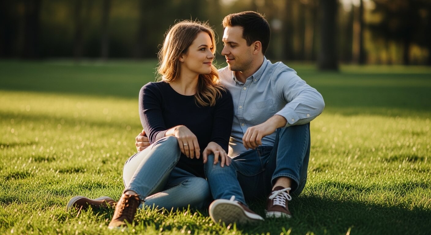 Couple sitting on grass in a park, looking at each other and smiling during golden hour.