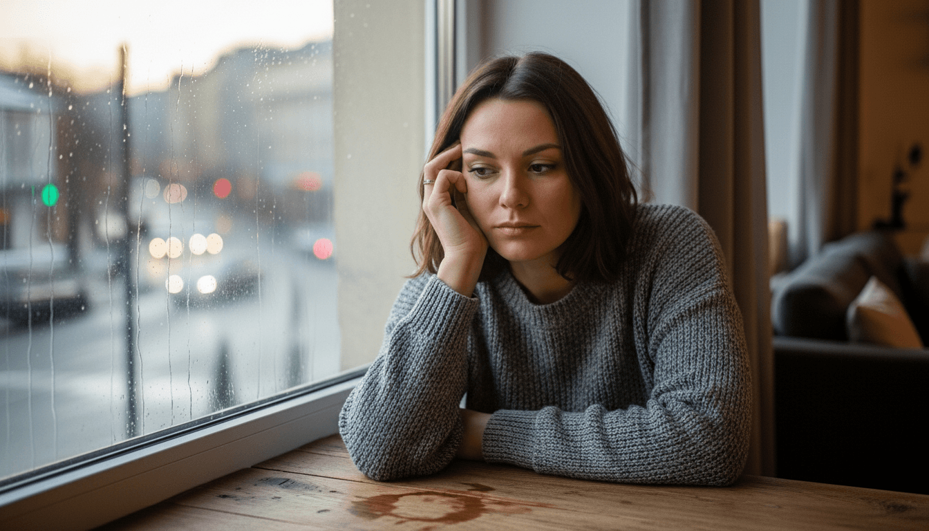 Woman in gray sweater looking thoughtfully out a rain-speckled window while resting her head on her hand