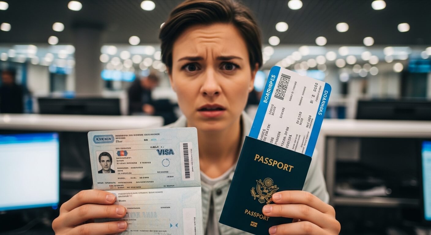 Worried woman holding a US passport with a boarding pass and a visa at an airport check-in counter.
