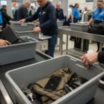 Travelers placing personal items like phones, keys, and jackets in bins at airport security screening with TSA officers present.