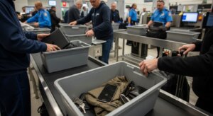 Travelers placing personal items like phones, keys, and jackets in bins at airport security screening with TSA officers present.