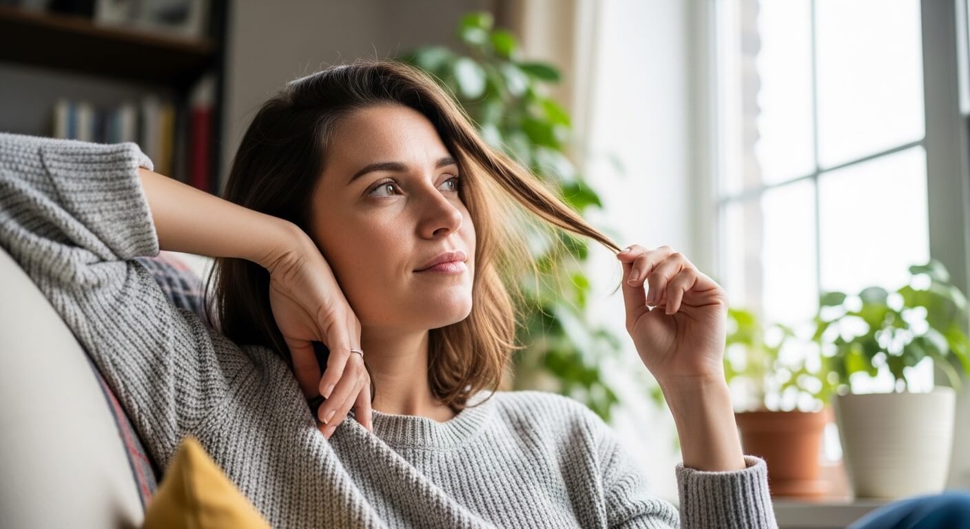 Young woman in a gray sweater sitting on a couch, looking thoughtfully out a window with plants in the background.