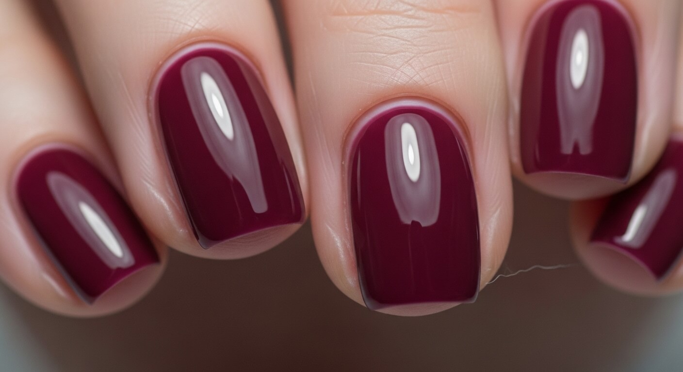 Close-up of fingernails with glossy dark burgundy nail polish.