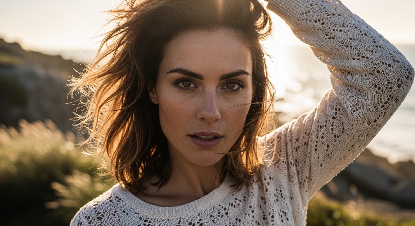 Close-up of a woman with brown hair wearing a white knit sweater, posing outdoors near the coast at sunset.