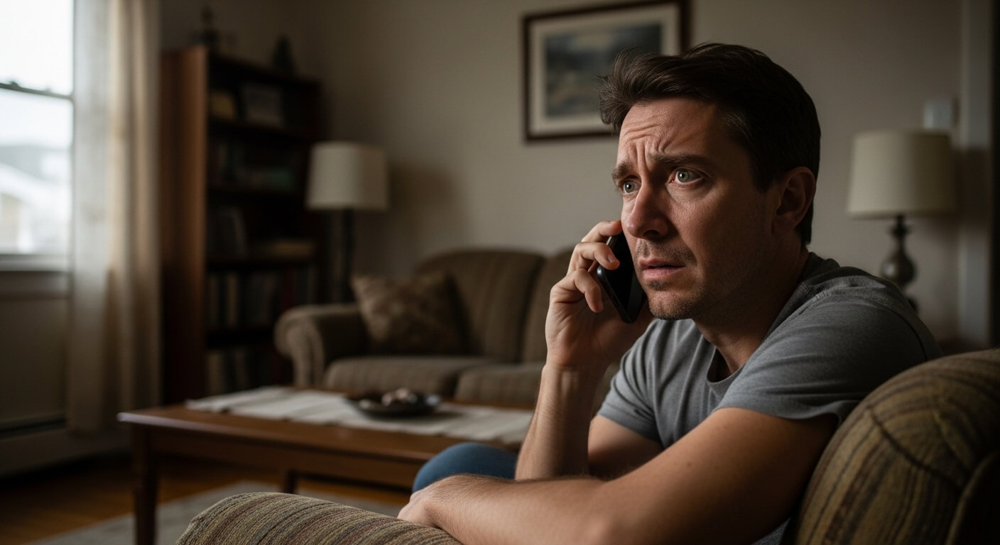 Worried man in gray t-shirt sitting on a couch, talking on a smartphone in a dimly lit living room.
