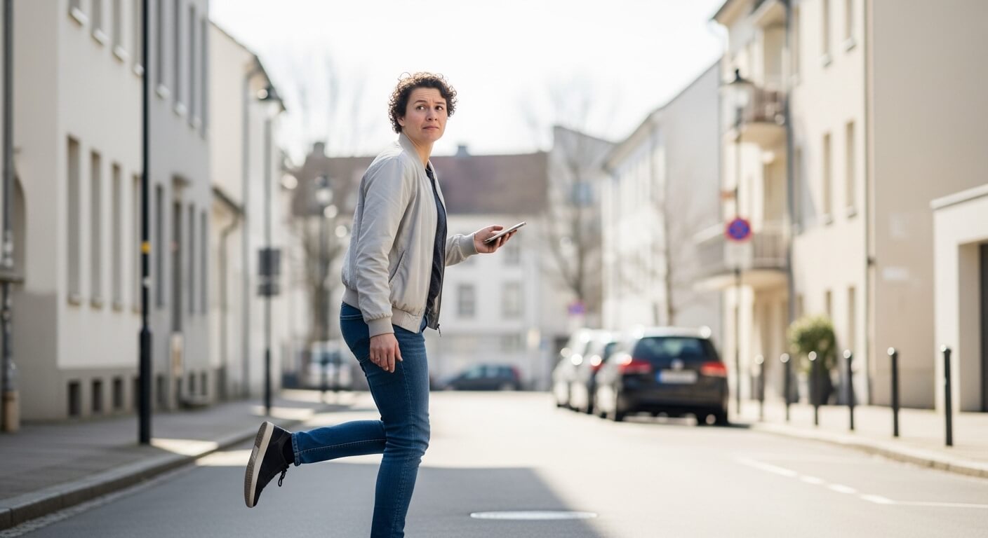 Person in a light jacket and jeans looking back while running across a street holding a smartphone.