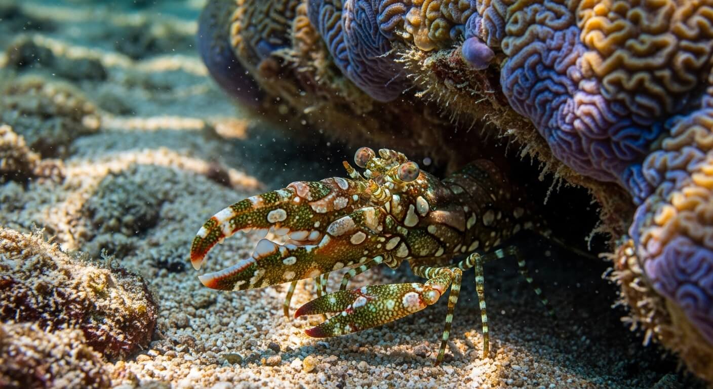 Speckled shrimp with large claws near brain coral on sandy ocean floor