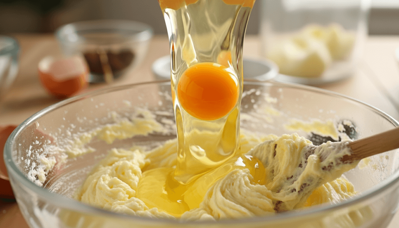 Egg being poured into a glass bowl with creamed butter and sugar mixture and a spatula.