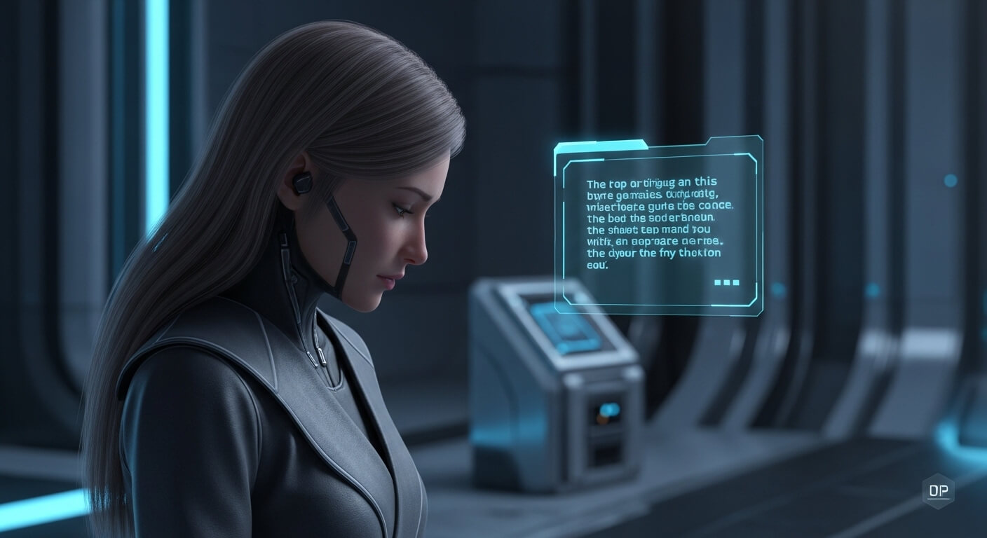 Futuristic woman with cybernetic implants interacting with a holographic interface in a high-tech environment.