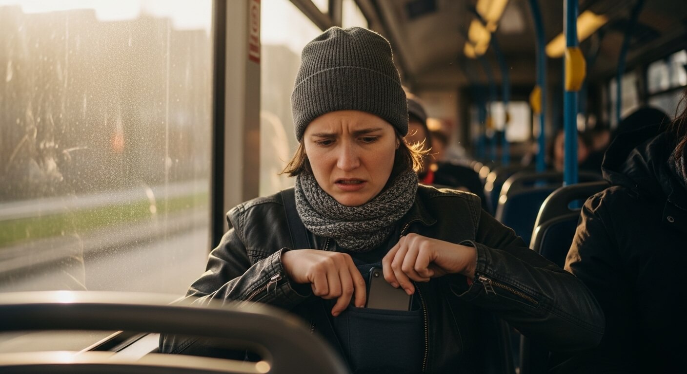 Woman wearing a gray beanie and scarf looks worried while putting a phone into her jacket pocket on a bus.