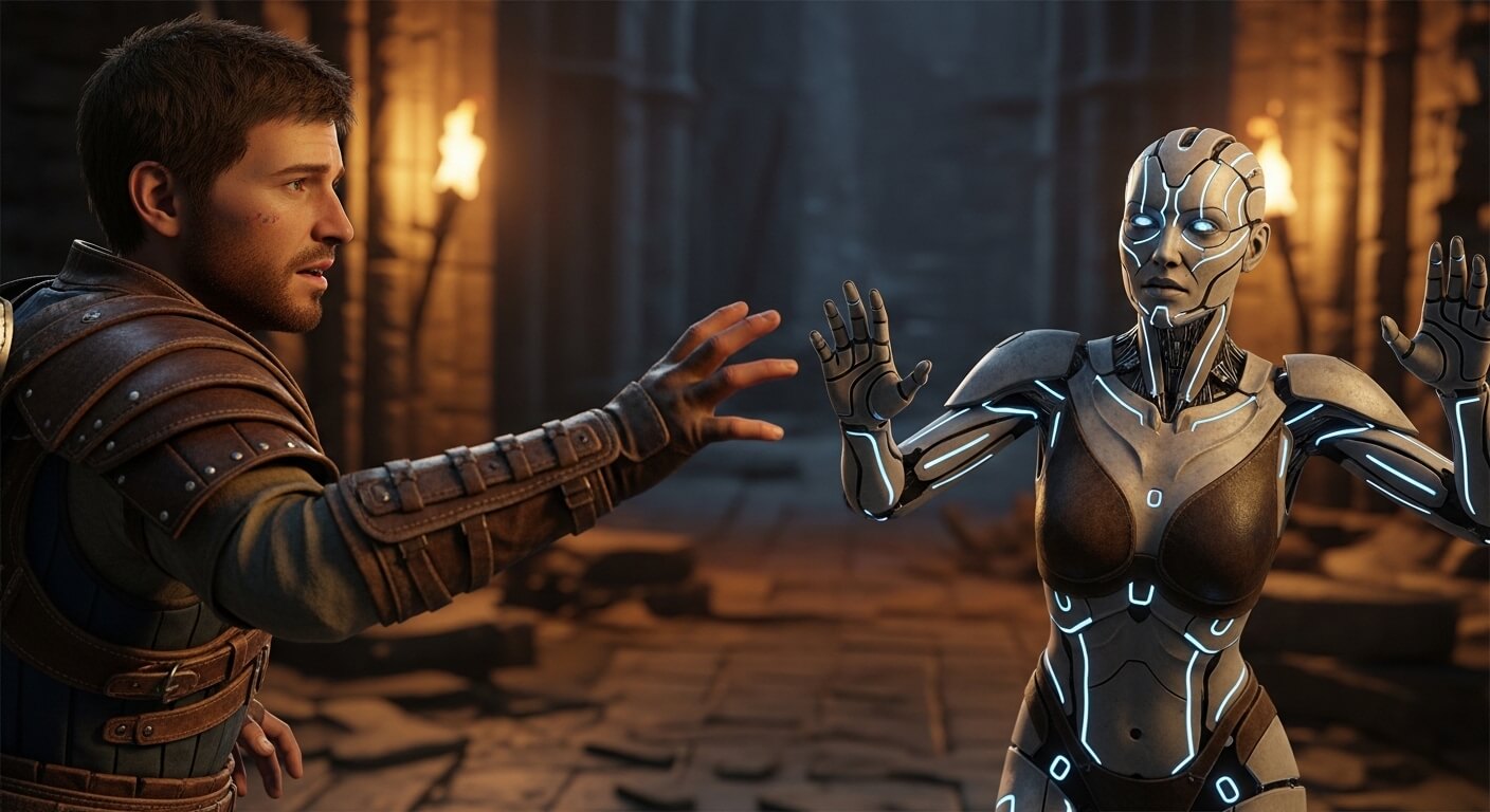 Medieval warrior reaching out to a futuristic female robot with glowing blue lines in a dimly lit stone chamber.