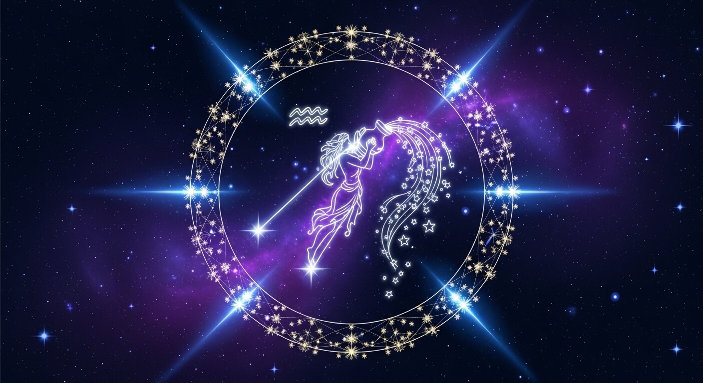Aquarius zodiac sign depicted as a glowing figure pouring water with stars and cosmic background.