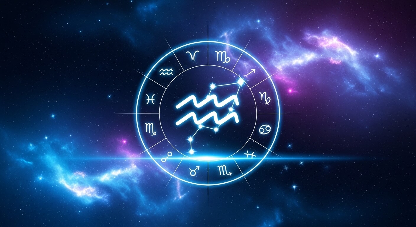 Glowing zodiac wheel with Aquarius symbol and constellation against a starry cosmic background