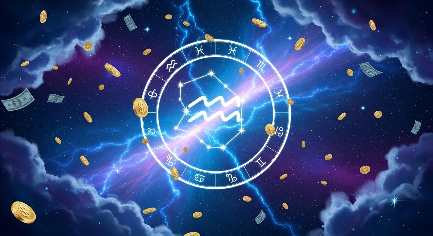 Aquarius zodiac sign in a glowing astrological chart with floating gold coins and dollar bills in a cosmic background.