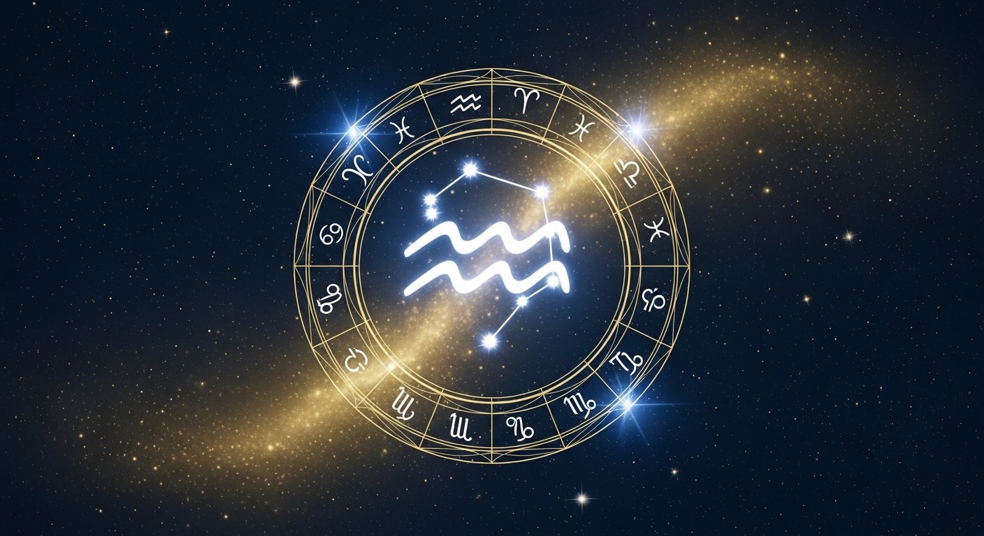 Zodiac wheel with Aquarius symbol and constellation glowing against a starry night sky.