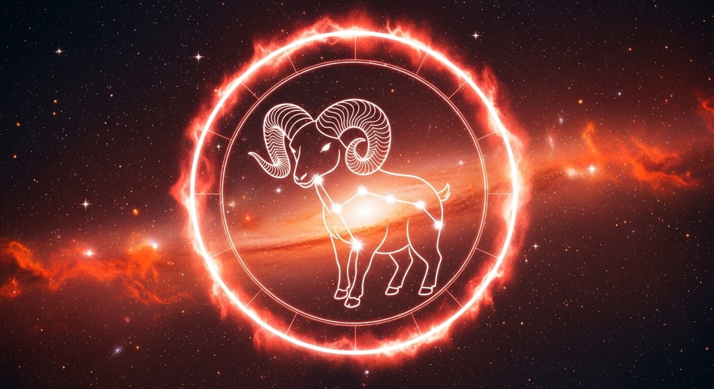 Aries zodiac constellation symbol with ram illustration glowing in fiery cosmic background