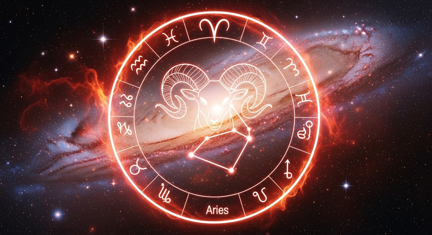 Glowing Aries zodiac symbol with ram illustration and constellation over a galaxy background