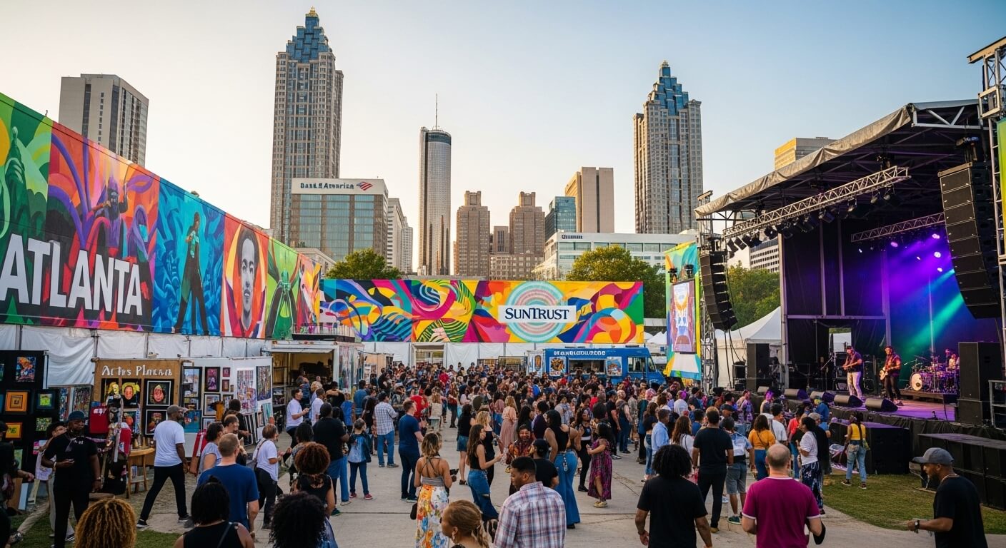 Crowd watching a live band perform at an outdoor Atlanta music festival with colorful murals and city skyline.