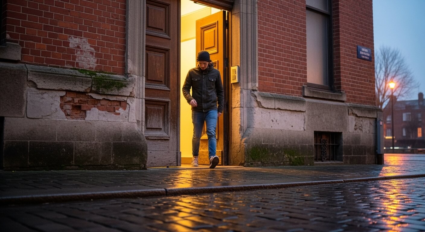 Person wearing a black jacket and beanie walking out of a brick building onto a wet cobblestone street at dusk.