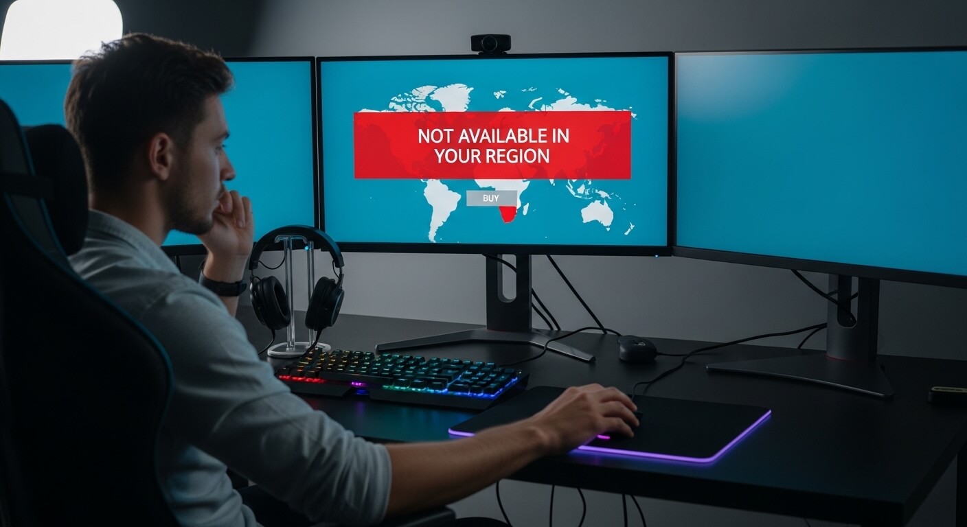 Man using a computer with a "Not Available in Your Region" message on a world map displayed on a monitor