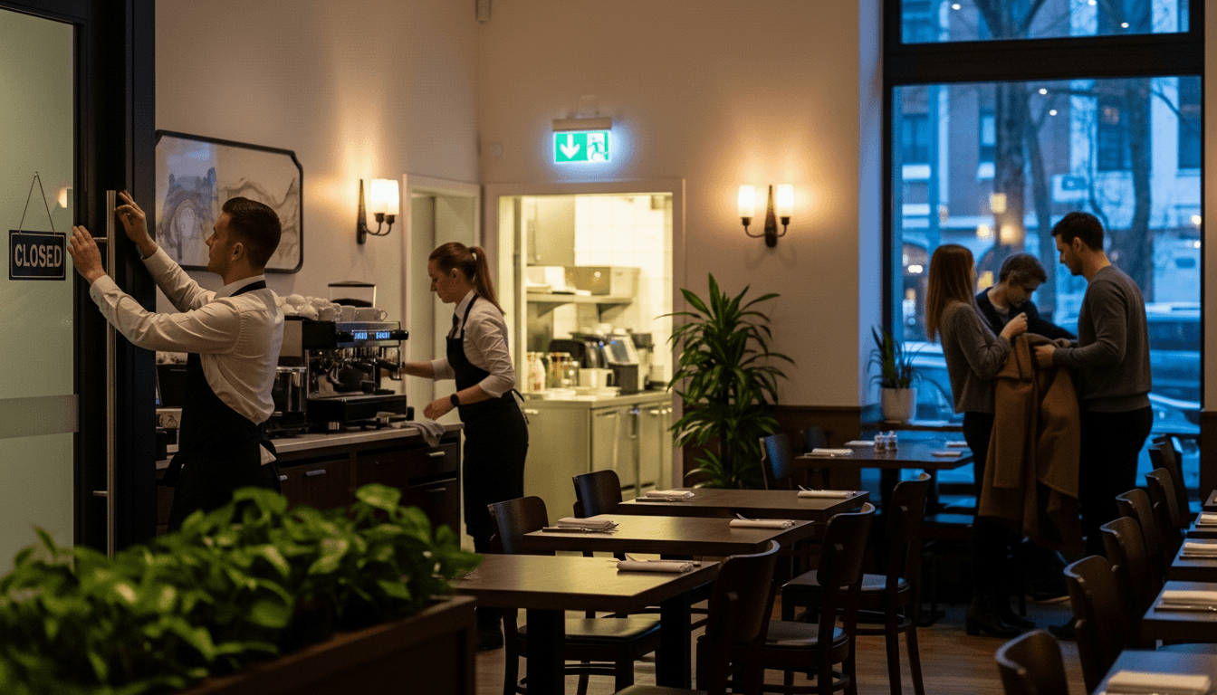 Waitstaff closing a restaurant while three customers gather near a window in the evening.