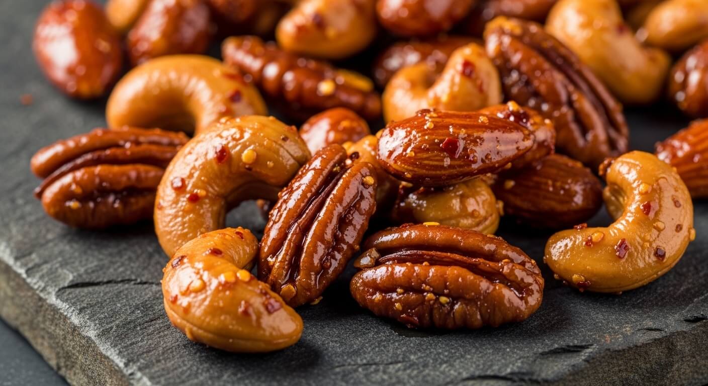 Spicy glazed mixed nuts including cashews, pecans, and almonds on a dark slate surface