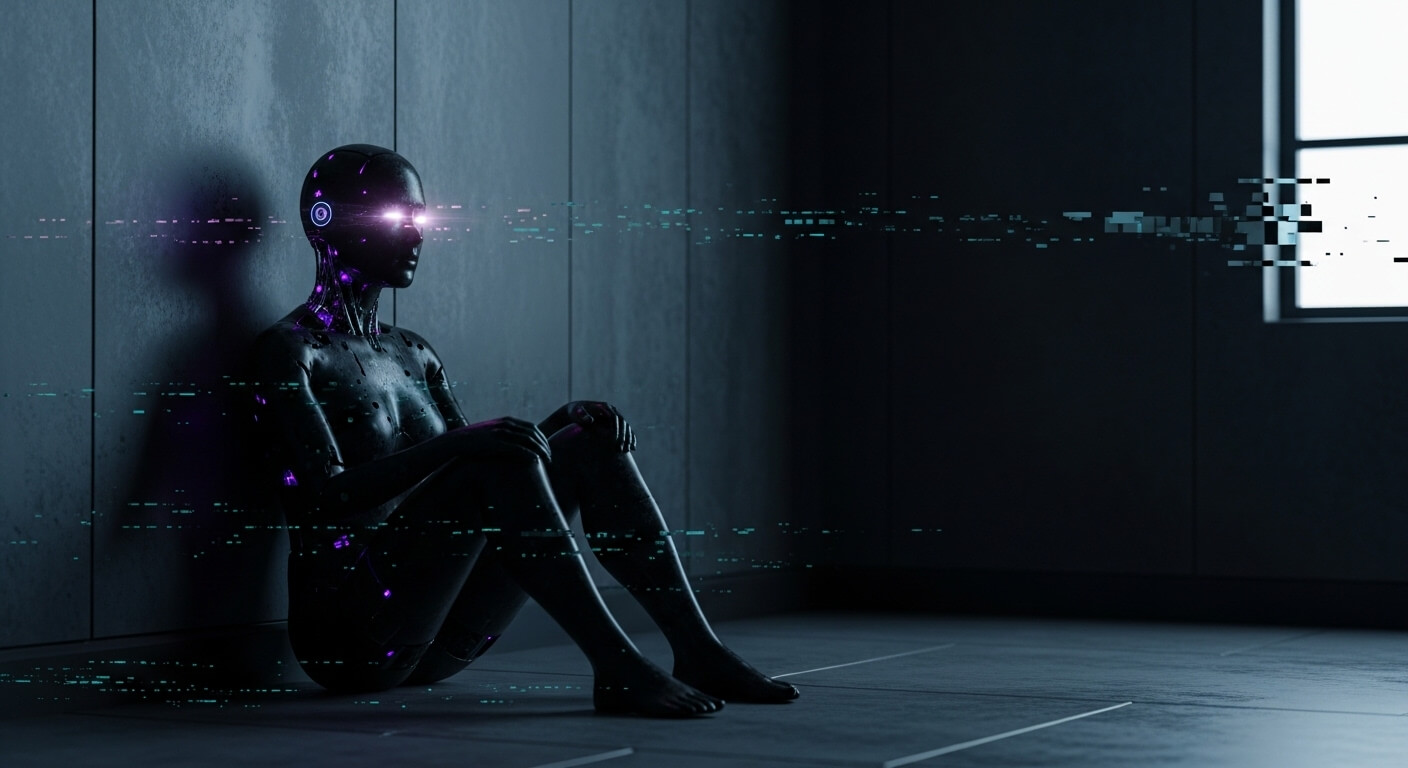 Black humanoid robot with glowing purple eyes sitting against a wall in a dark room with digital glitch effects