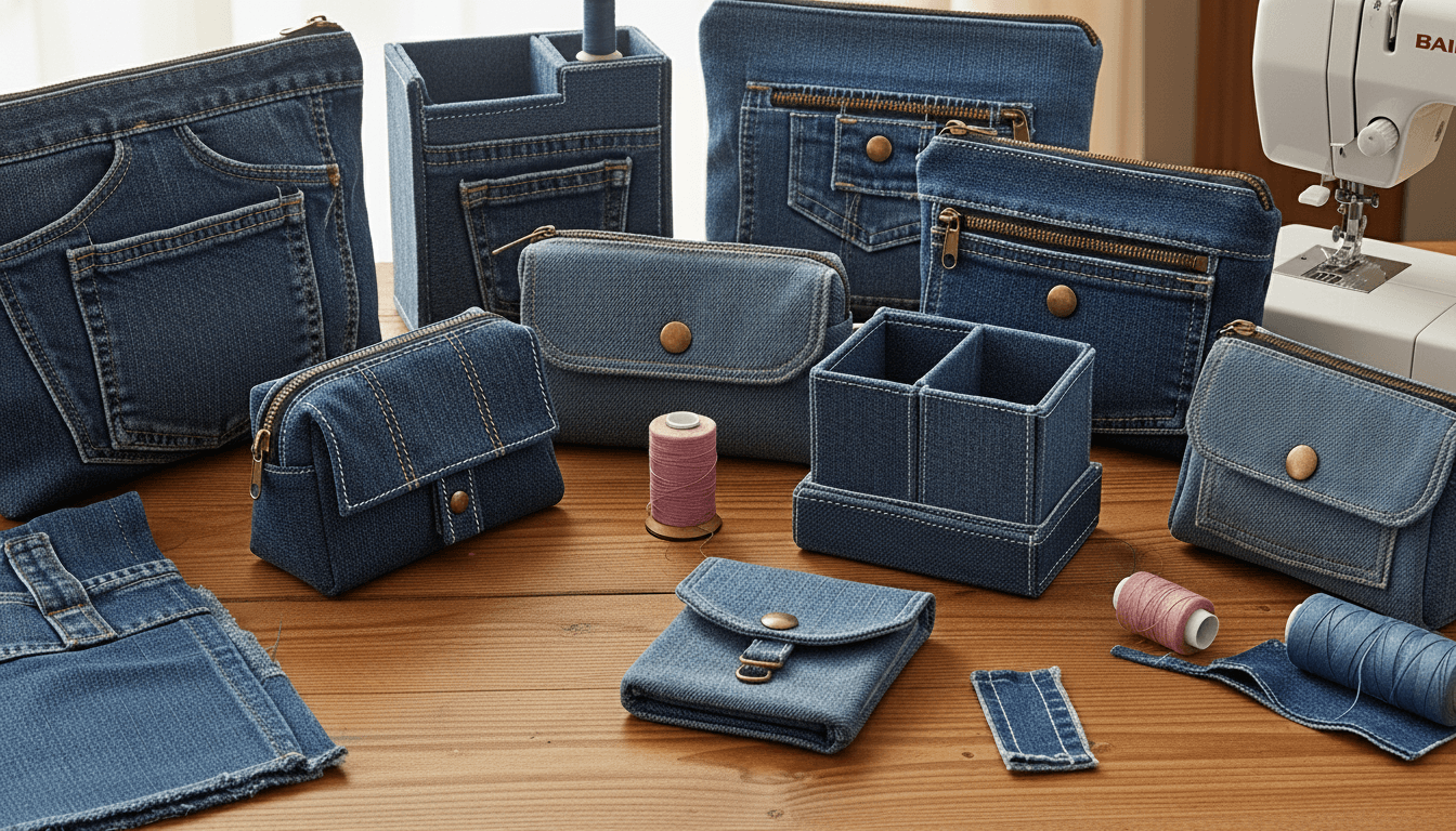 Collection of denim fabric pouches, organizers, and sewing supplies on a wooden table next to a sewing machine.