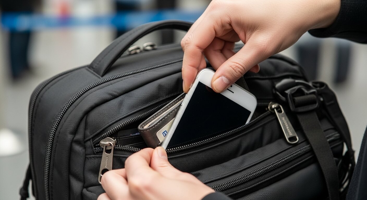 Hands placing a white smartphone and wallet into the front zippered pocket of a black Samsonite backpack