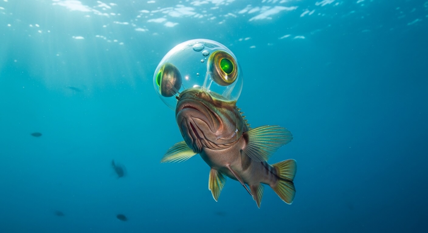 barreleye fish with transparent dome head and upward-facing eyes swimming underwater