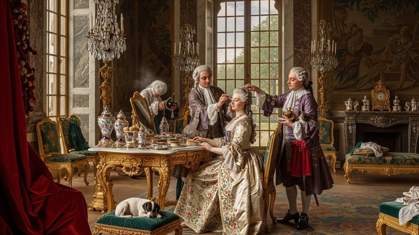 18th-century aristocratic woman having her hair styled by two men in a lavishly decorated room with a dog on a stool
