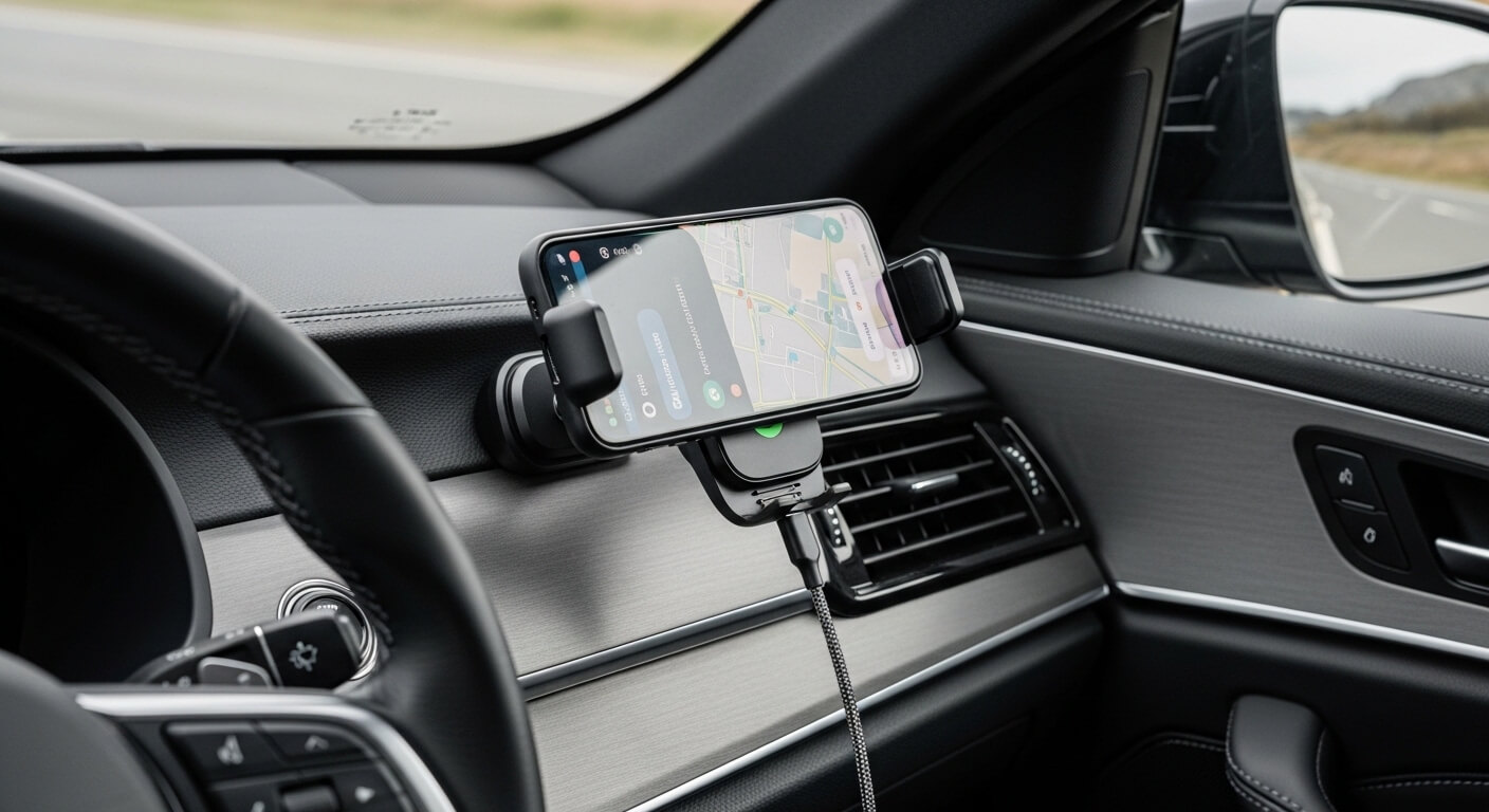 Smartphone mounted on a car air vent holder displaying a navigation app with a charging cable connected.