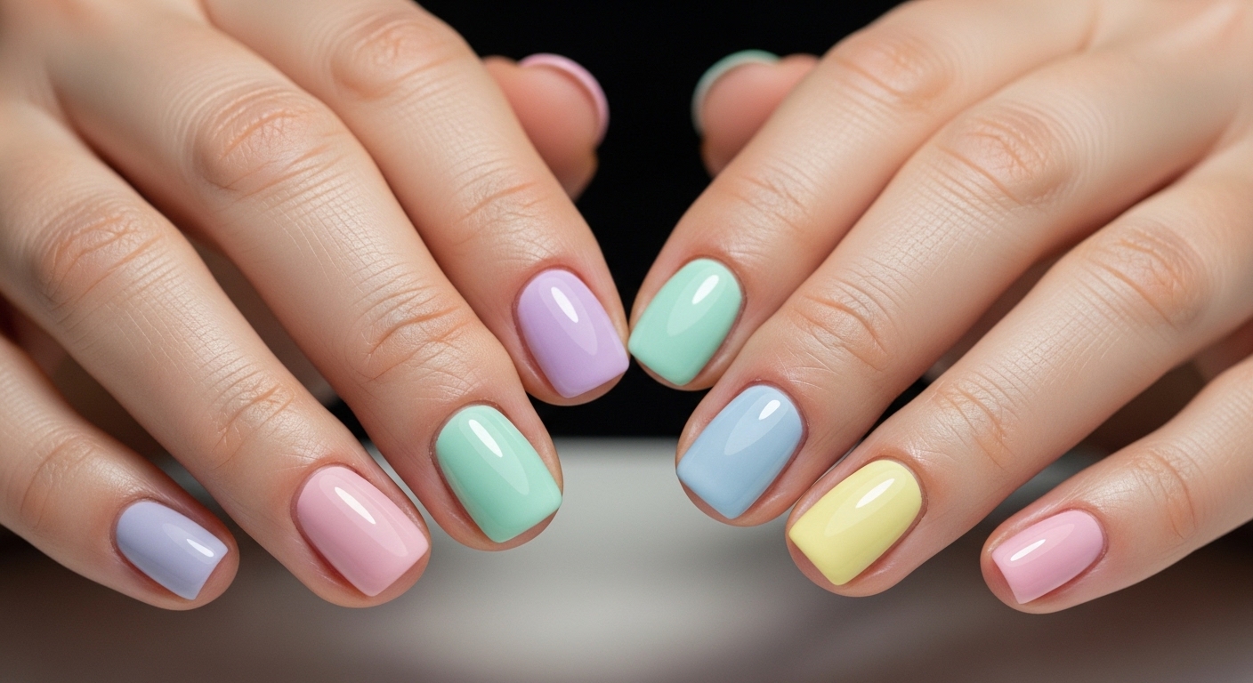 Hands with pastel-colored glossy manicure in shades of lavender, pink, mint, blue, and yellow.
