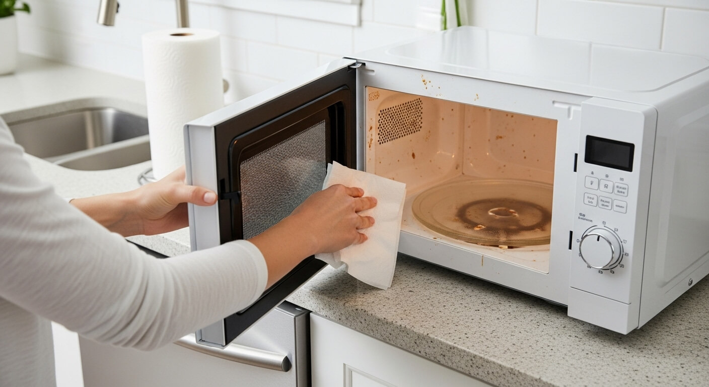 Person cleaning a dirty white microwave interior with a paper towel in a kitchen.