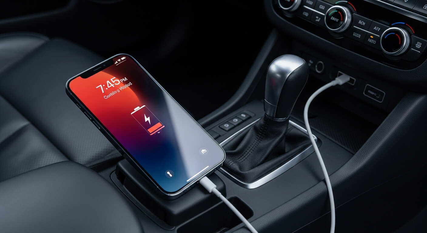 iPhone charging on wireless pad in car center console near gear shift and climate controls
