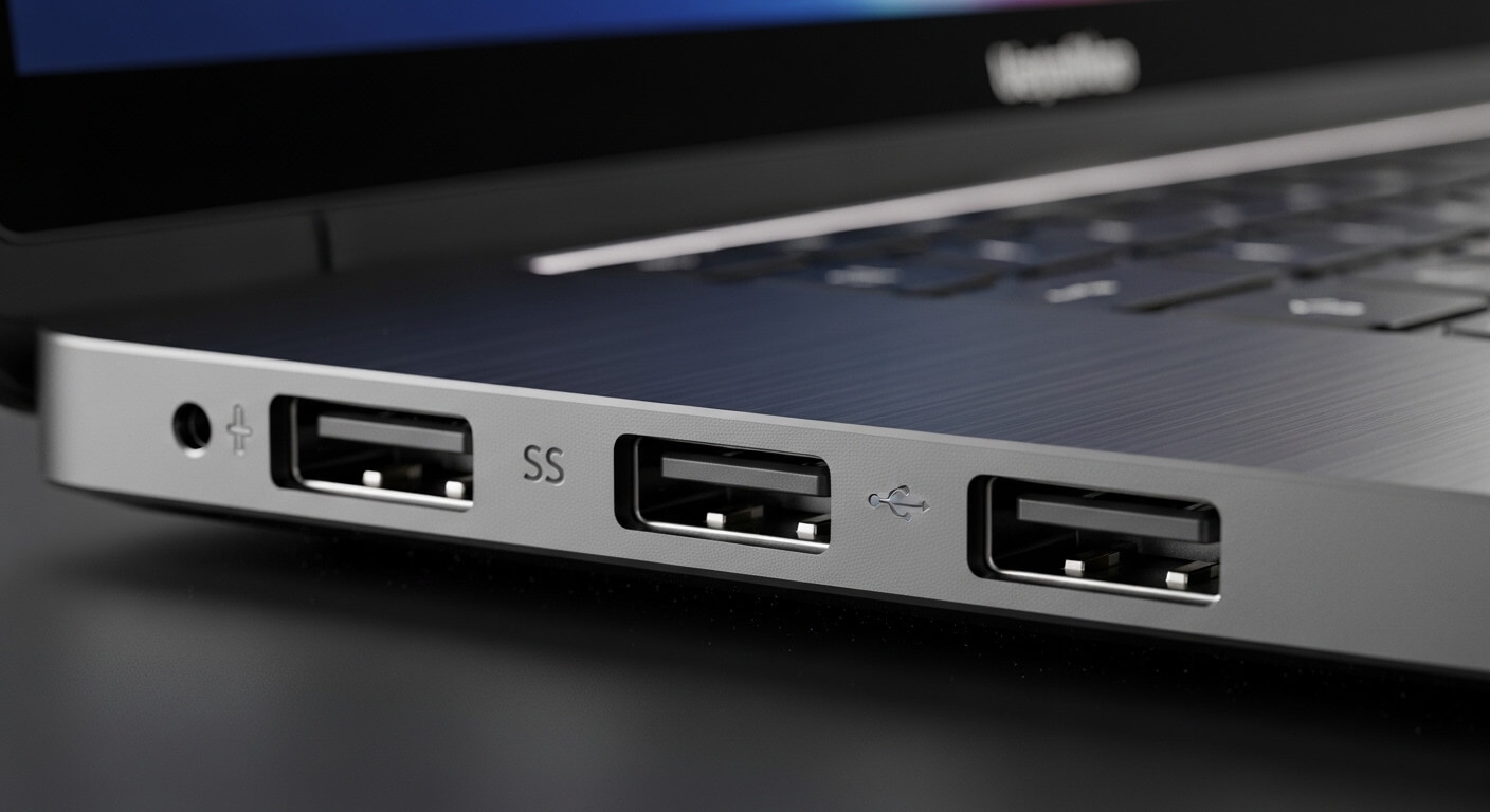 Close-up of a laptop's side showing two USB-A ports, one marked with SS for SuperSpeed, and a headphone jack.