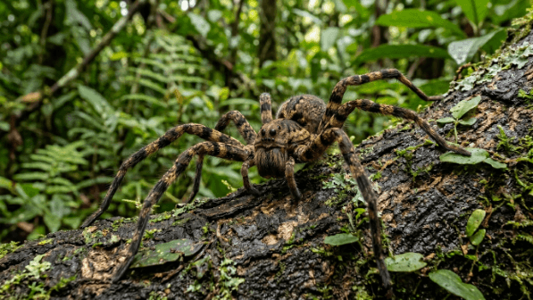 Large brown and black spider on a mossy tree branch in a dense green forest.