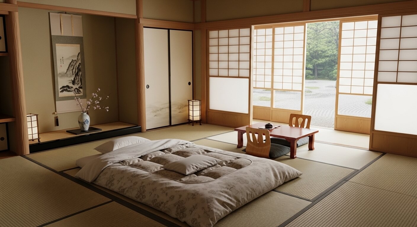Traditional Japanese tatami room with futon bedding, low wooden table, shoji screens, and a garden view.