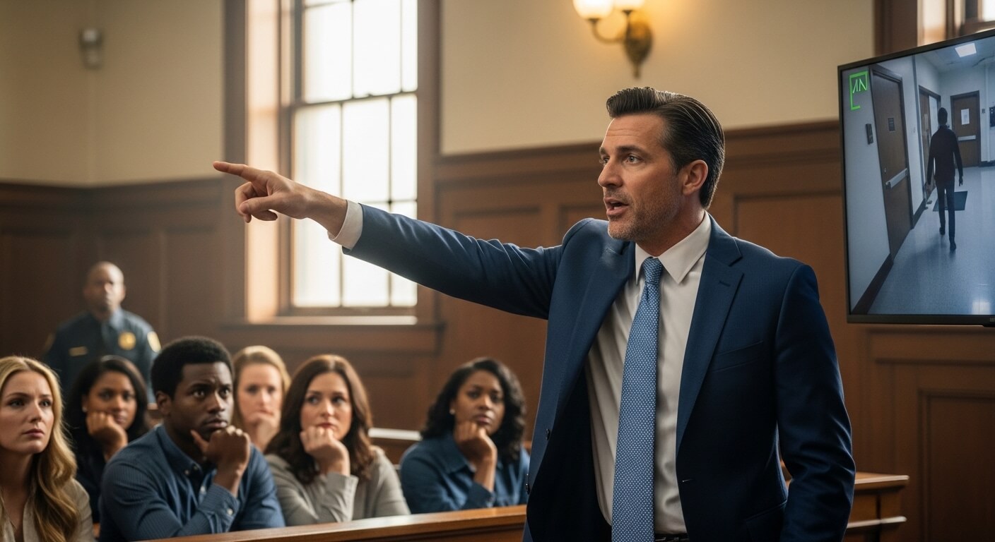 Man in blue suit pointing while addressing jury in courtroom with security guard and monitor showing hallway in background