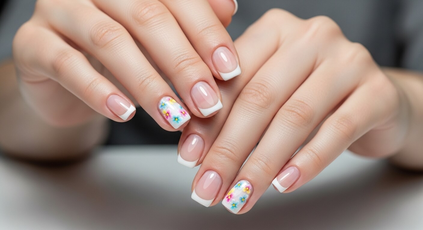 Hands with French manicure and floral nail art on ring fingers